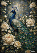 Blue and green peacock surrounded by white flowers, with circular patterns in the background.