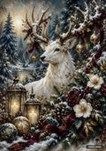 White stag with decorated antlers in a snowy forest, surrounded by glowing candle lanterns, flowers, and ornaments.