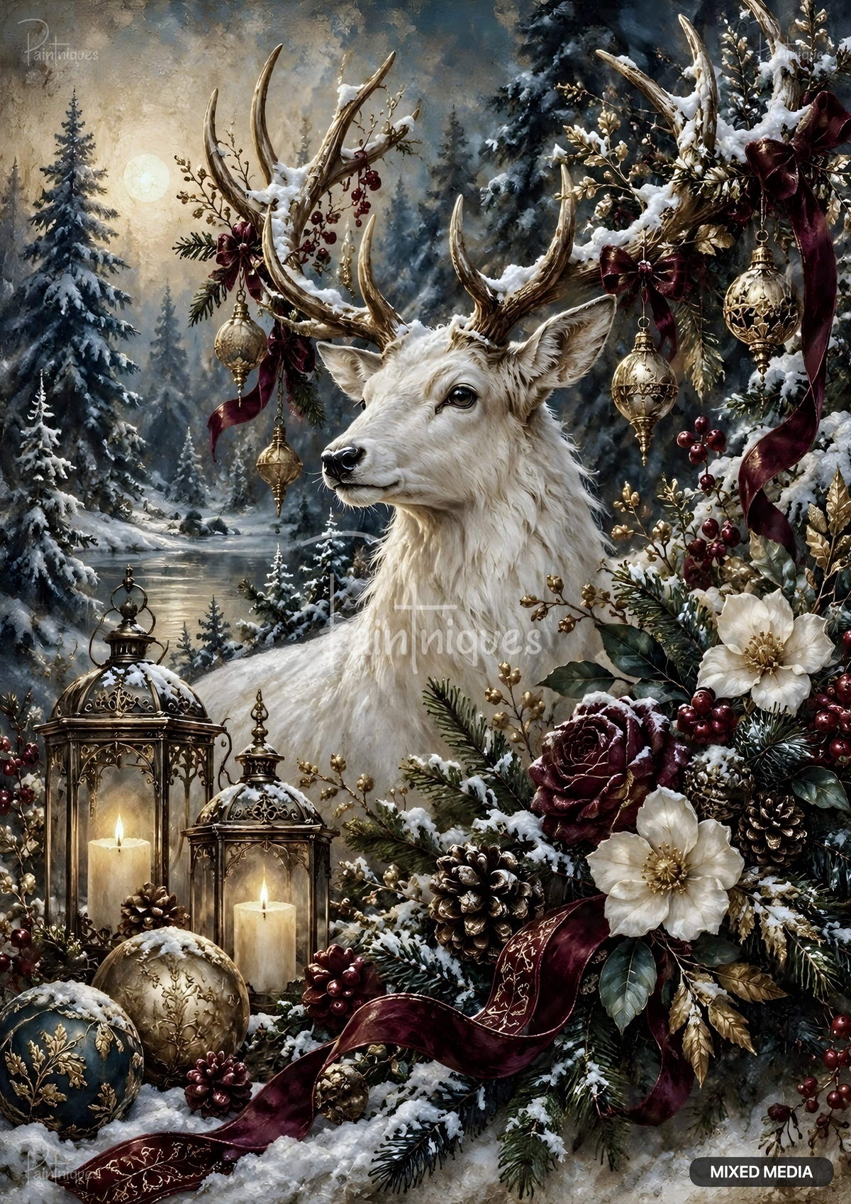 White stag with decorated antlers in a snowy forest, surrounded by glowing candle lanterns, flowers, and ornaments.