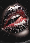 Close-up of red and black lips with two large white teeth, covered in white spiderwebs on a black background.