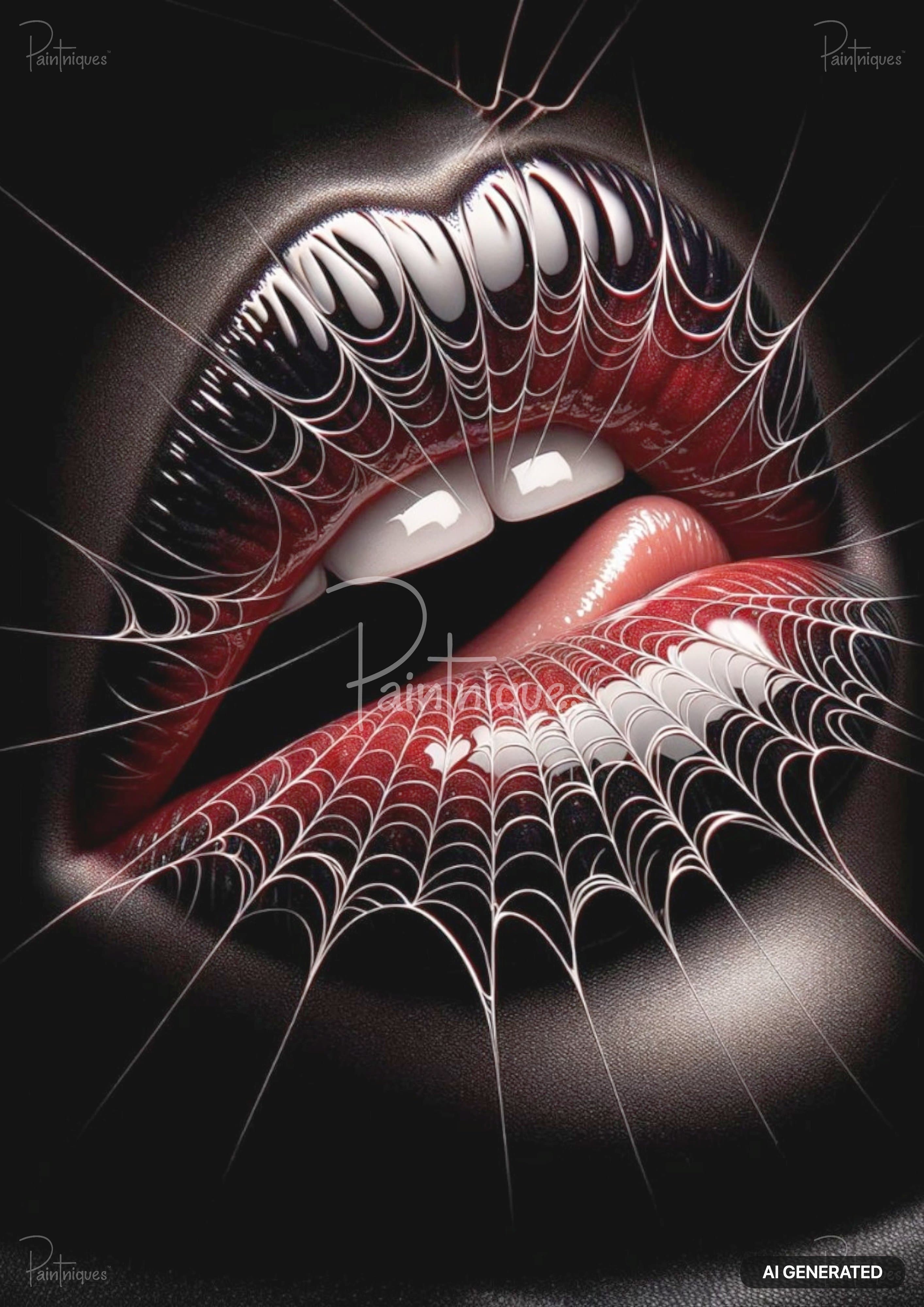 Close-up of red and black lips with two large white teeth, covered in white spiderwebs on a black background.