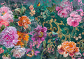 Textured green background with colorful flowers and butterflies. Gold-colored ornate scrolling patterns.