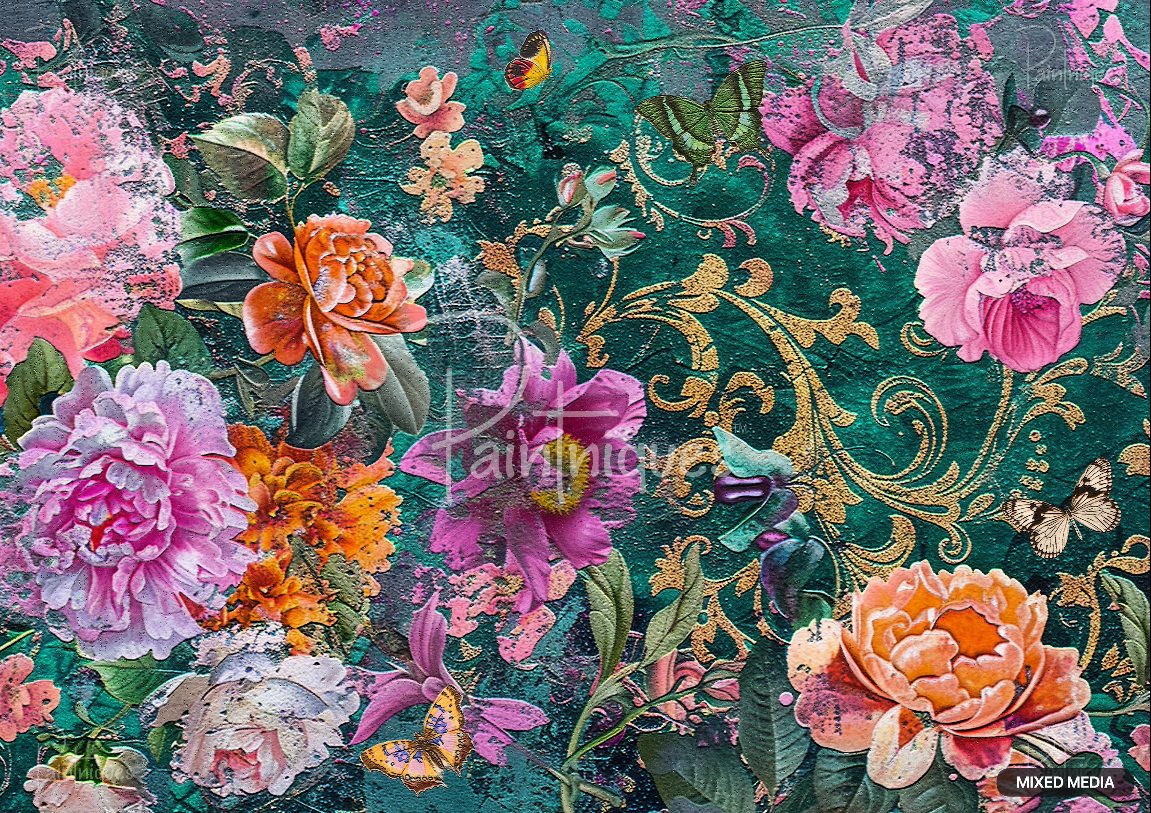 Textured green background with colorful flowers and butterflies. Gold-colored ornate scrolling patterns.