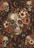 Four engraved skulls with botanical elements, crescent moons, and stars on a dark background.