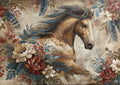 Golden horse head with windblown blue-tinted mane surrounded by red, cream and blue flowers on a textured beige background.
