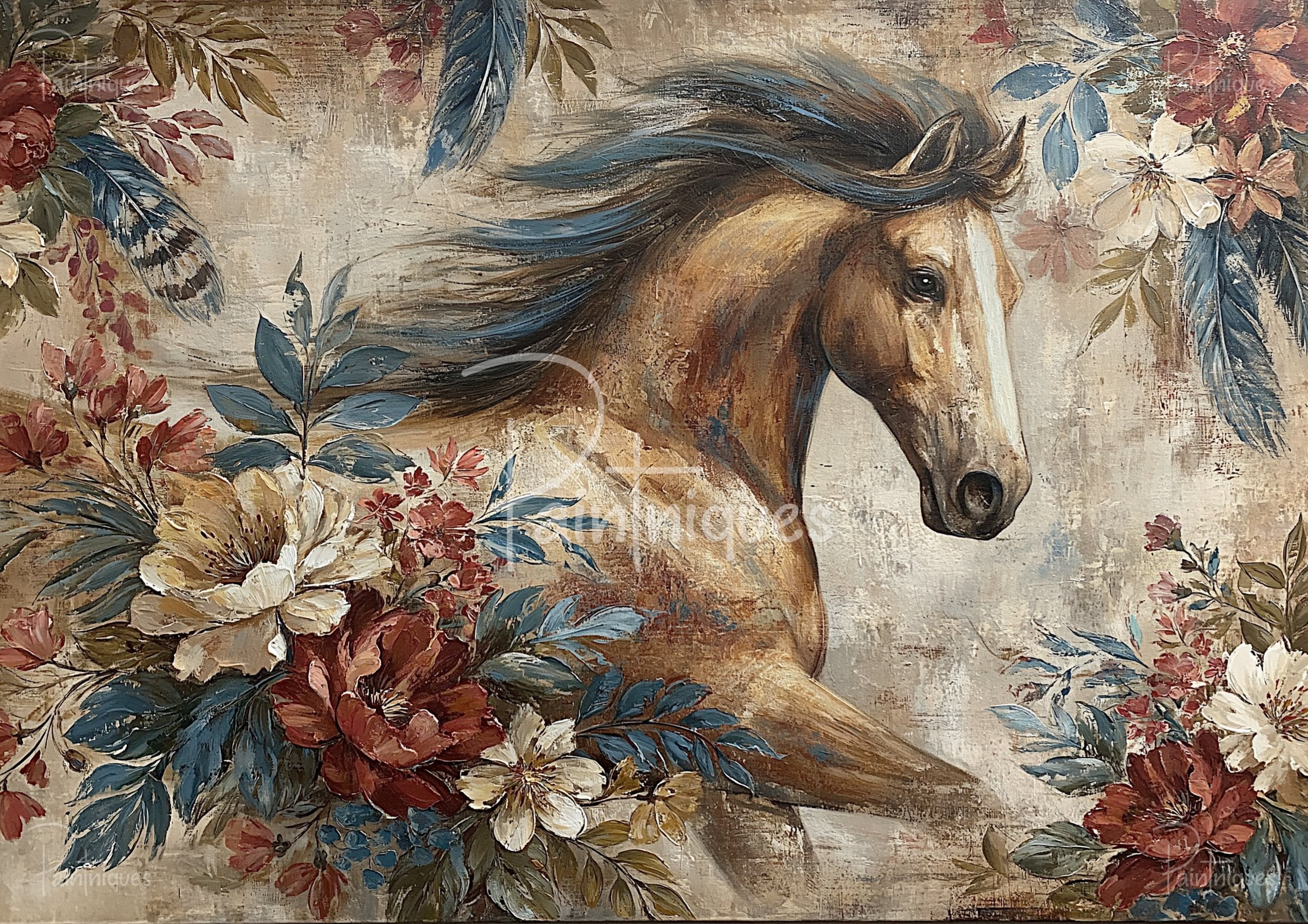 Golden horse head with windblown blue-tinted mane surrounded by red, cream and blue flowers on a textured beige background.