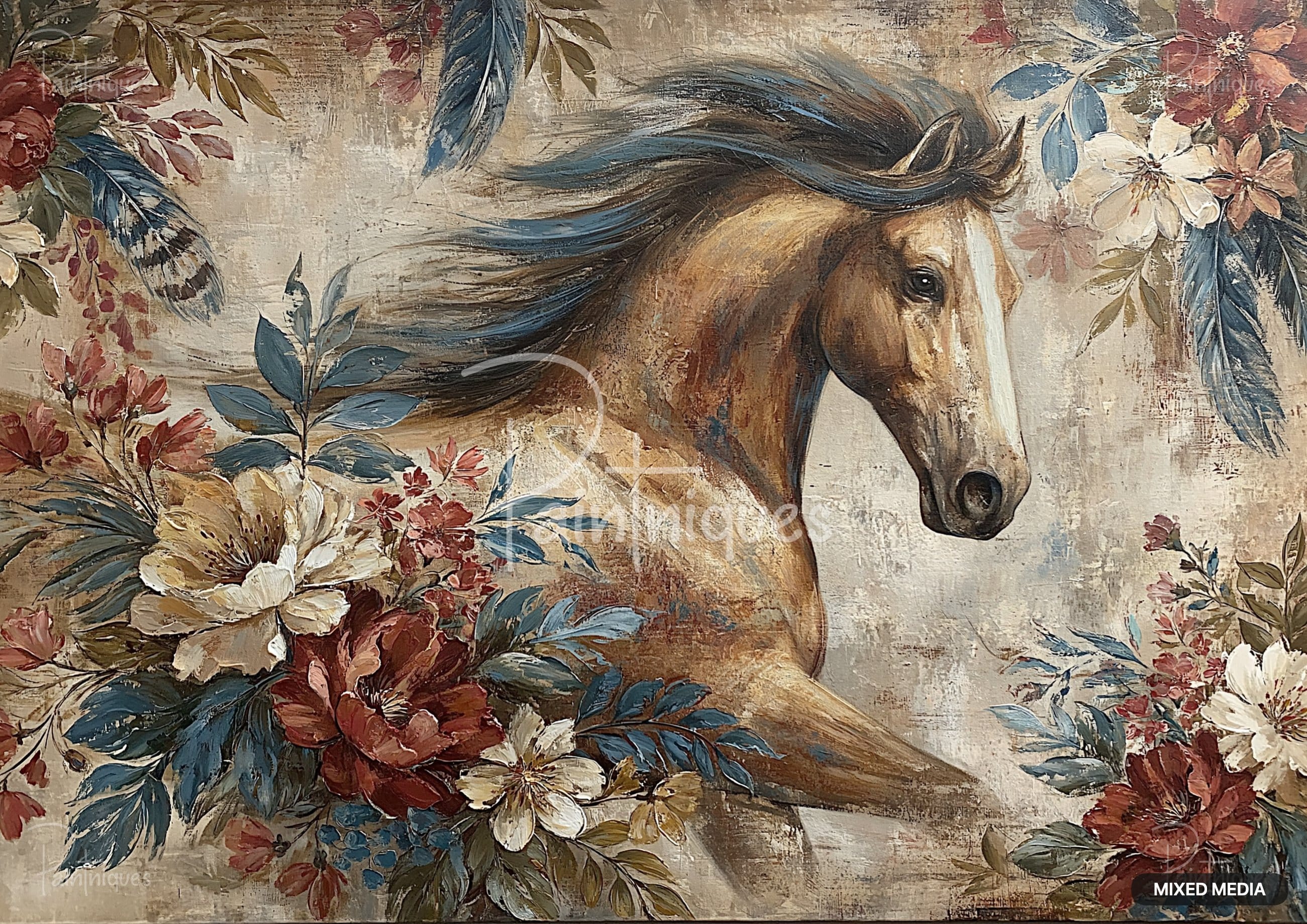 An expressive painting of a brown horse with a flowing blue mane, surrounded by large, colorful flowers and leaves.