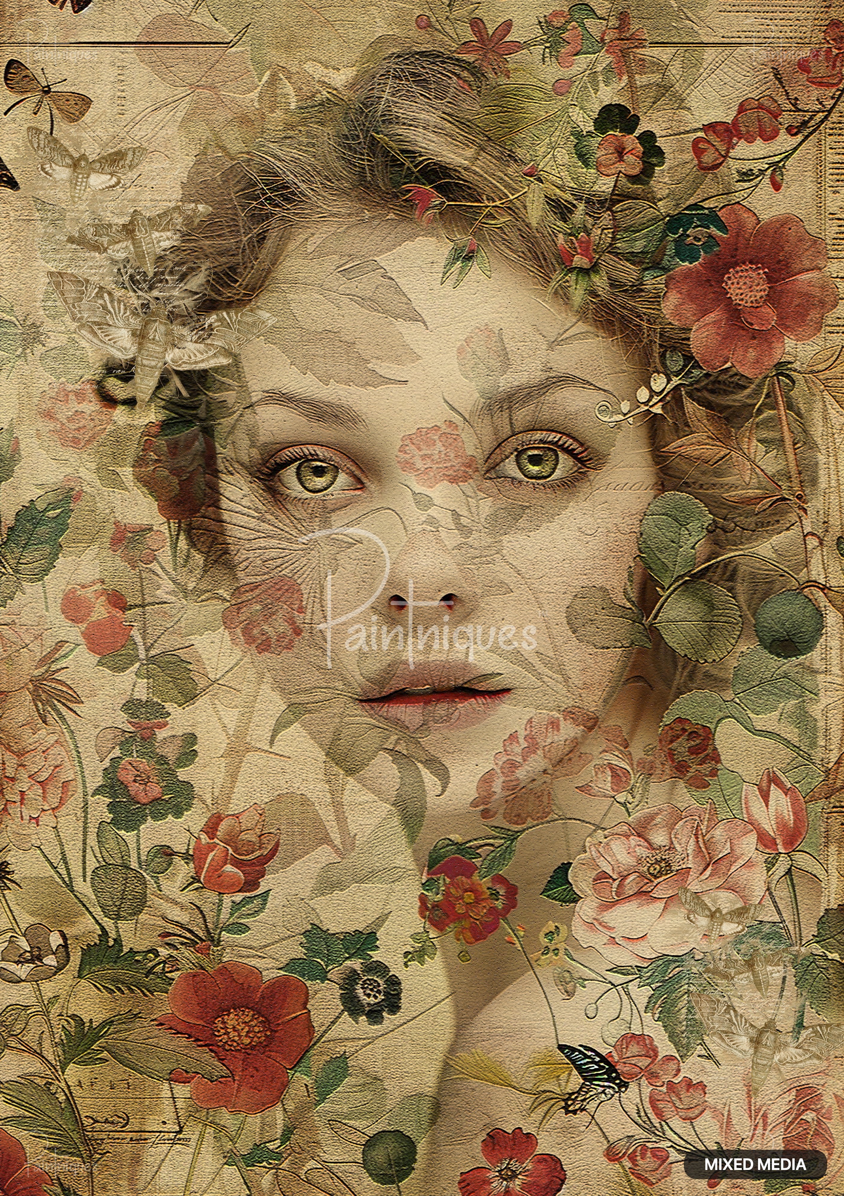 A textured digital collage features a woman's face blended with vintage floral illustrations and faint outlines of moths.