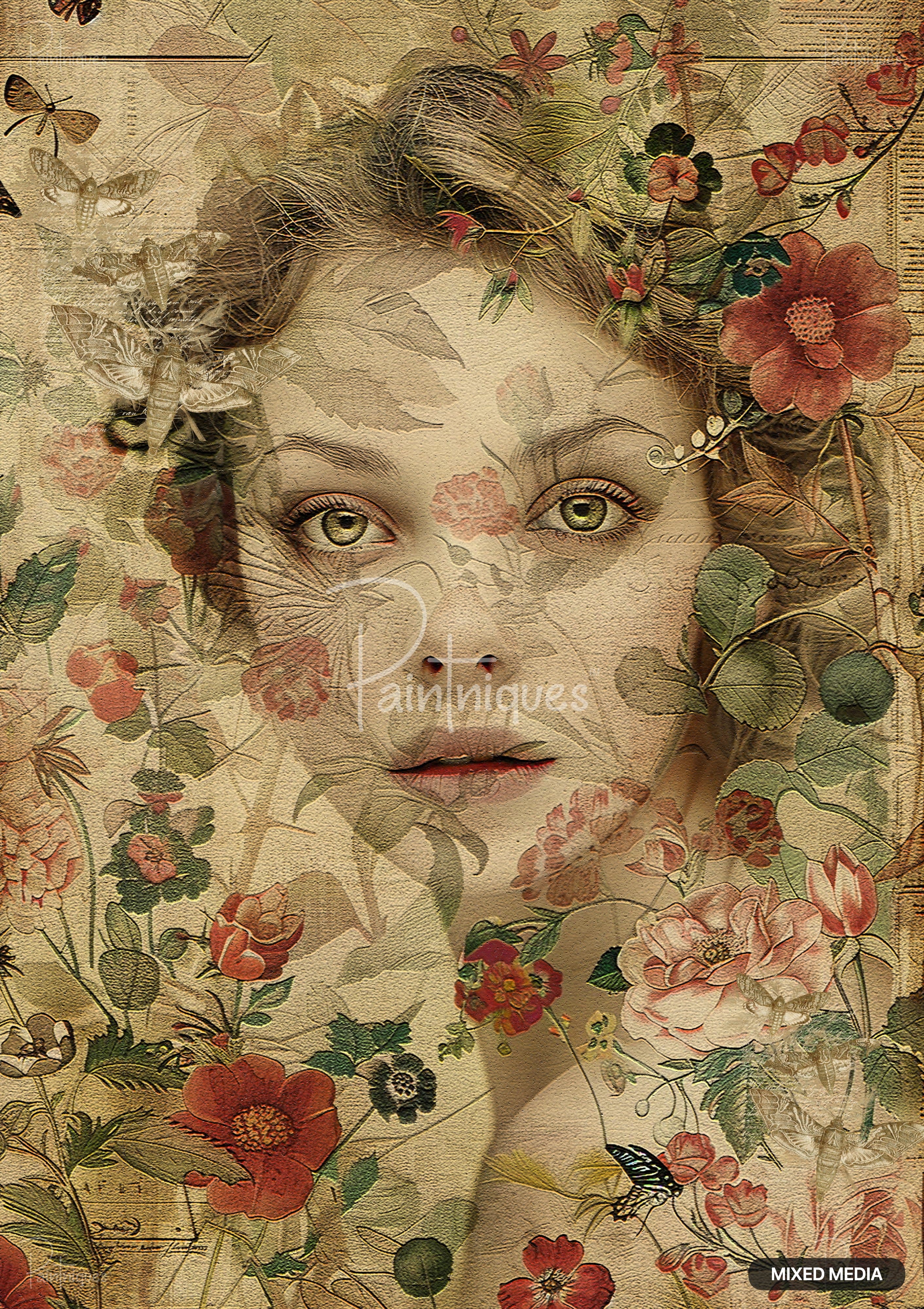 Artwork of a young woman's face and shoulders emerging from a dense floral and butterfly pattern.