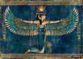 Ancient Egyptian winged goddess on her knees in blue, gold, and white, with hieroglyphs.