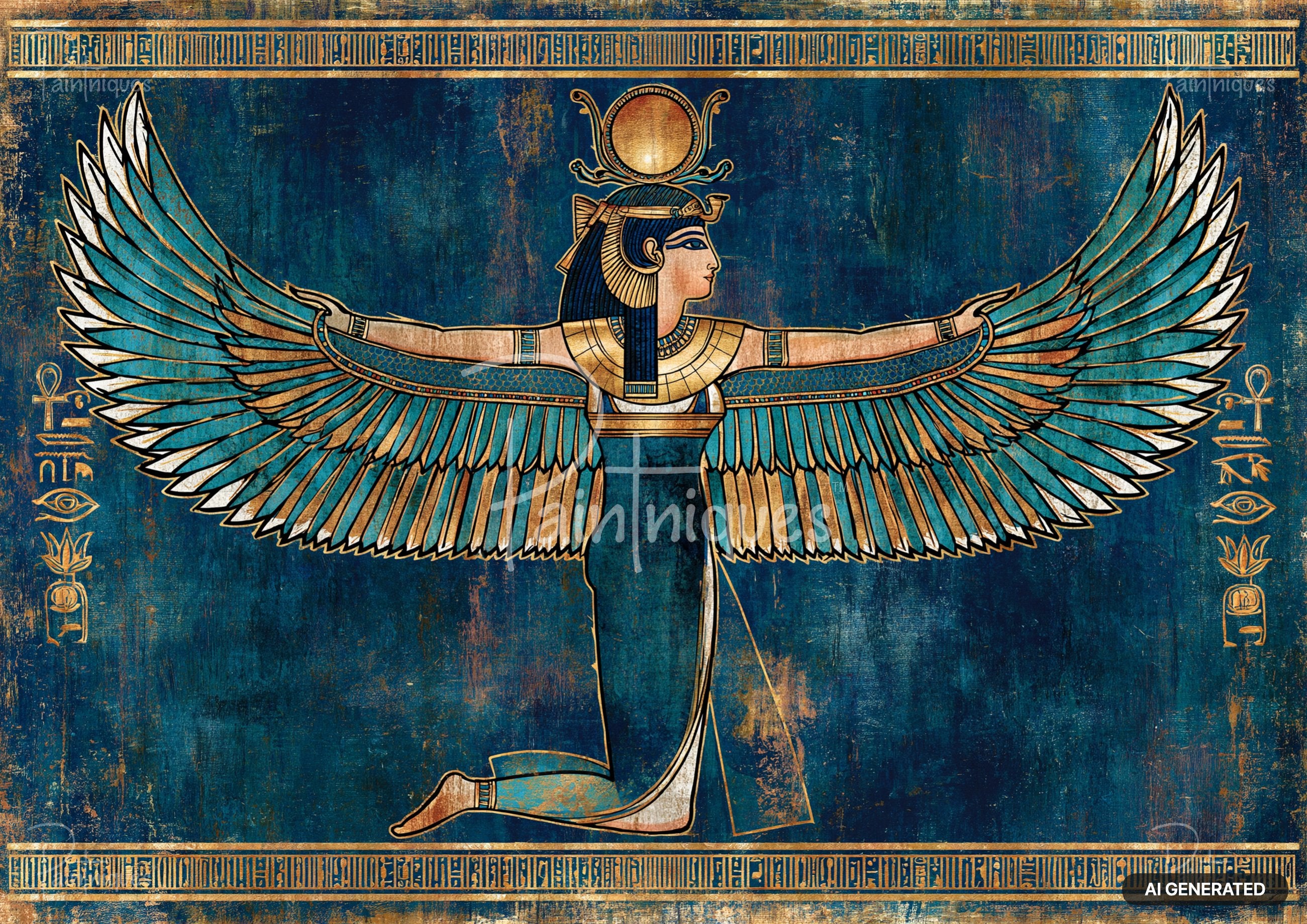 Ancient Egyptian winged goddess on her knees in blue, gold, and white, with hieroglyphs.
