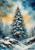 Watercolor painting of a snow-covered pine tree with a star topper, surrounded by falling snow, other trees, and snow drifts.