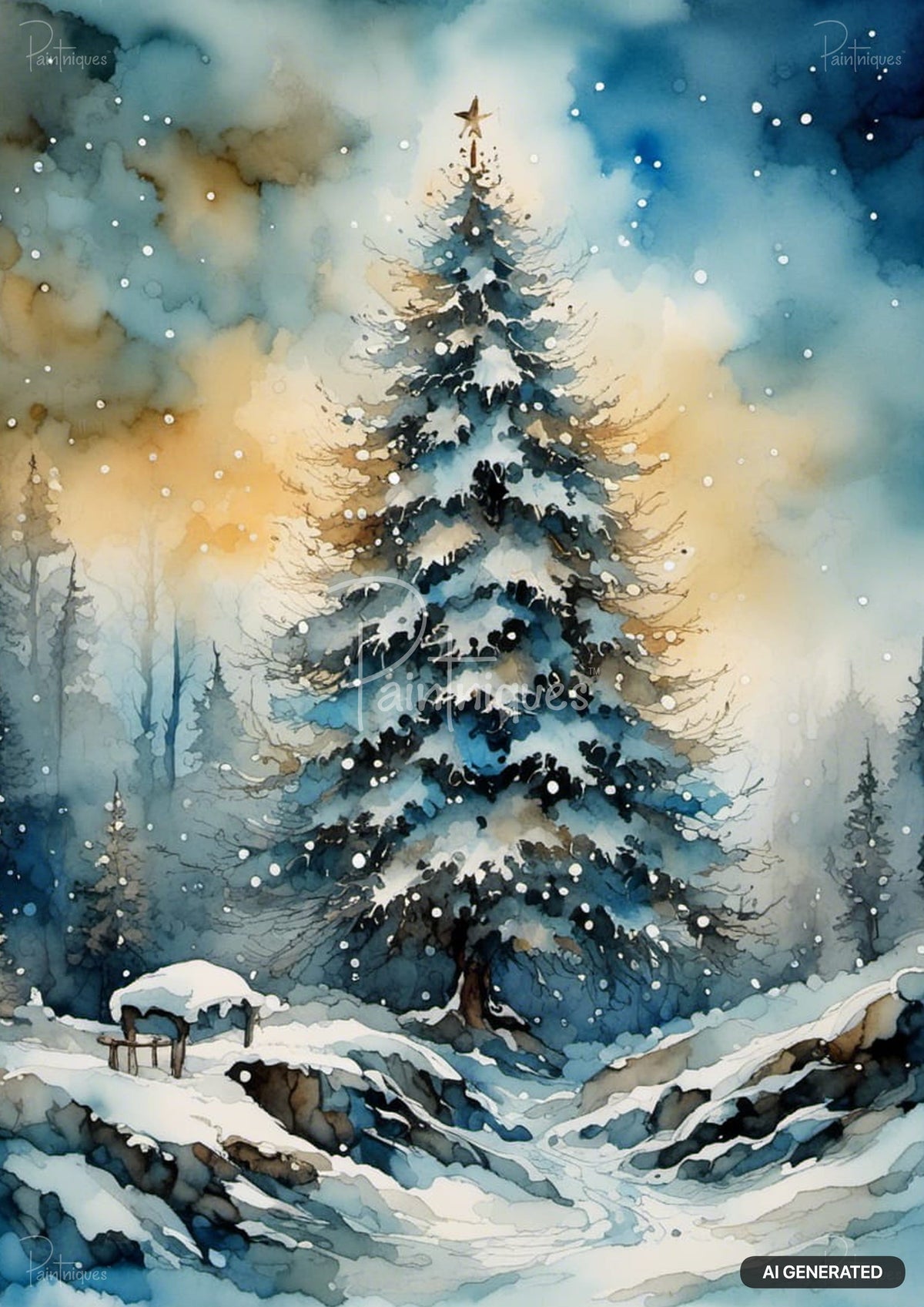 Watercolor painting of a snow-covered pine tree with a star topper, surrounded by falling snow, other trees, and snow drifts.