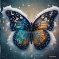 Butterfly with frost-trimmed wings in teal and amber tones, decorated with snowflakes on a winter bokeh background.