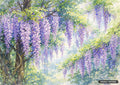 Watercolor artwork showing purple wisteria flowers hanging from intertwining tree branches with green-leafed foliage.