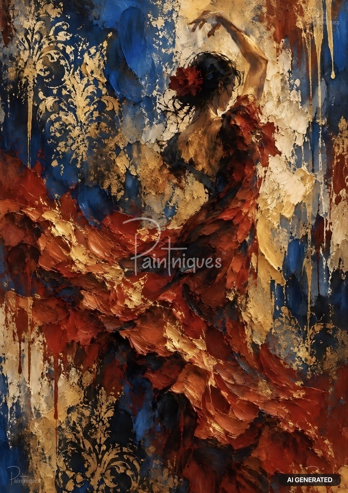 Palette knife painting of a flamenco dancer in a flowing red dress, with golden damask patterns and blue accents.