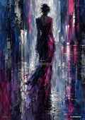 Textured painting of a woman in a long magenta and dark dress, viewed from behind, against a backdrop of blue, white, and pink.