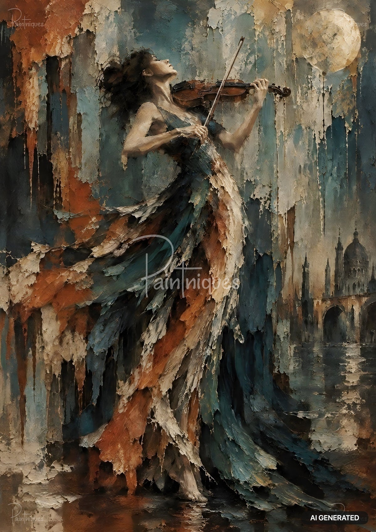 Impressionistic painting of a woman playing a violin, her flowing gown in blue, orange, brown, against a city with a moon.