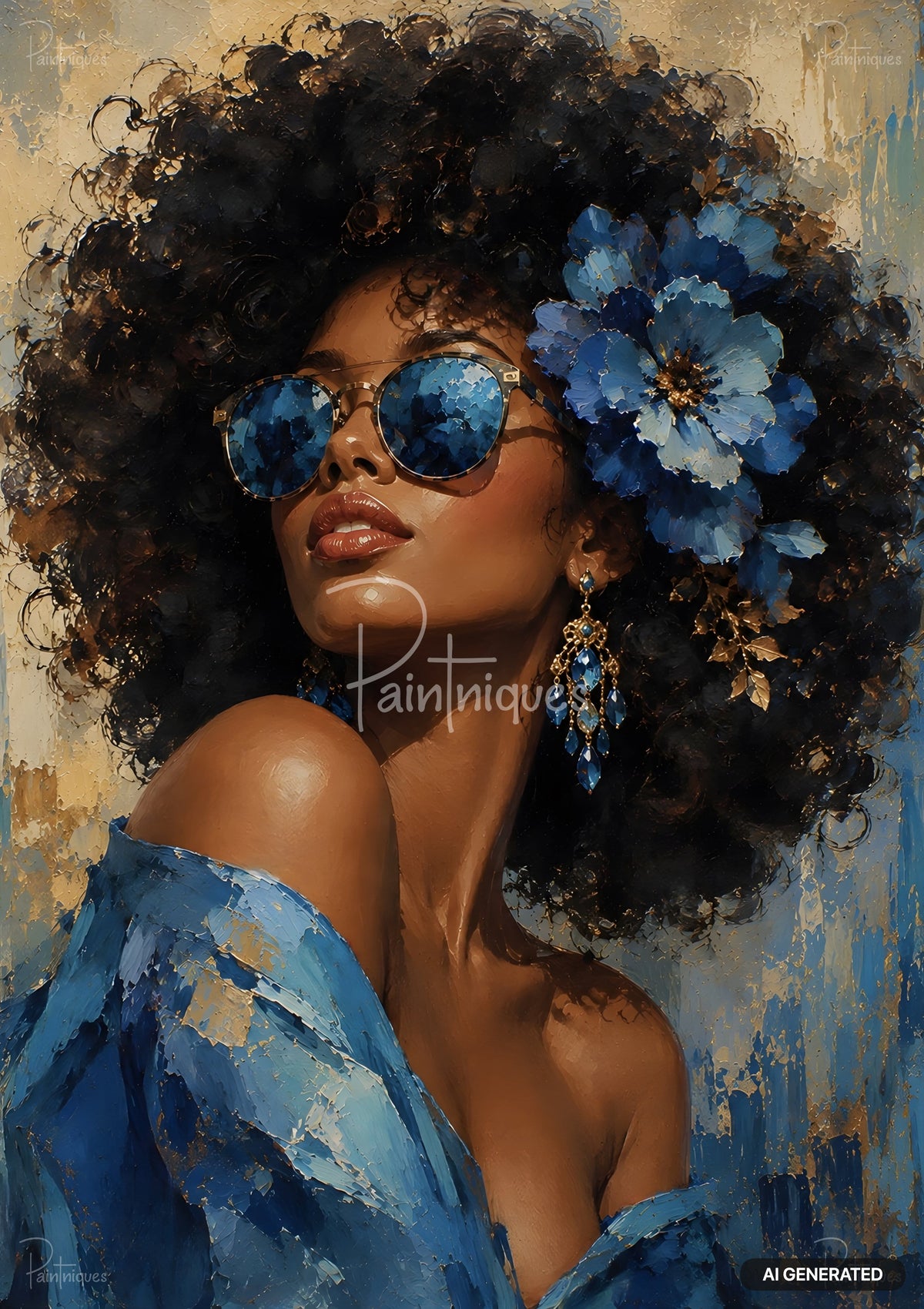 Painting of a woman with large curly hair, blue glasses, blue floral earrings, and blue flowers in her hair.