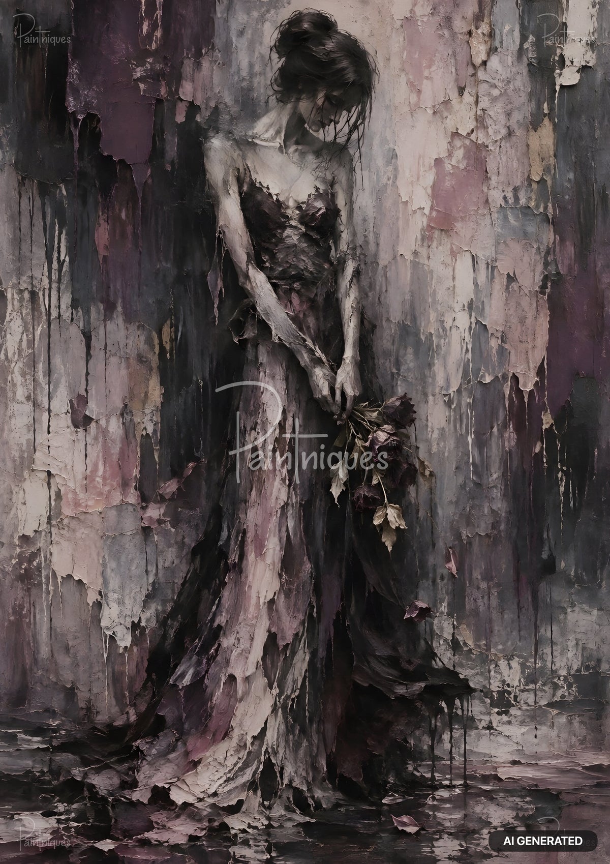 Stylized painting of a somber woman in a tattered dress holding dark flowers, against a peeling, textured wall.