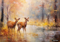 Two deer in a misty, impressionistic forest with fall colors, standing in shallow water.