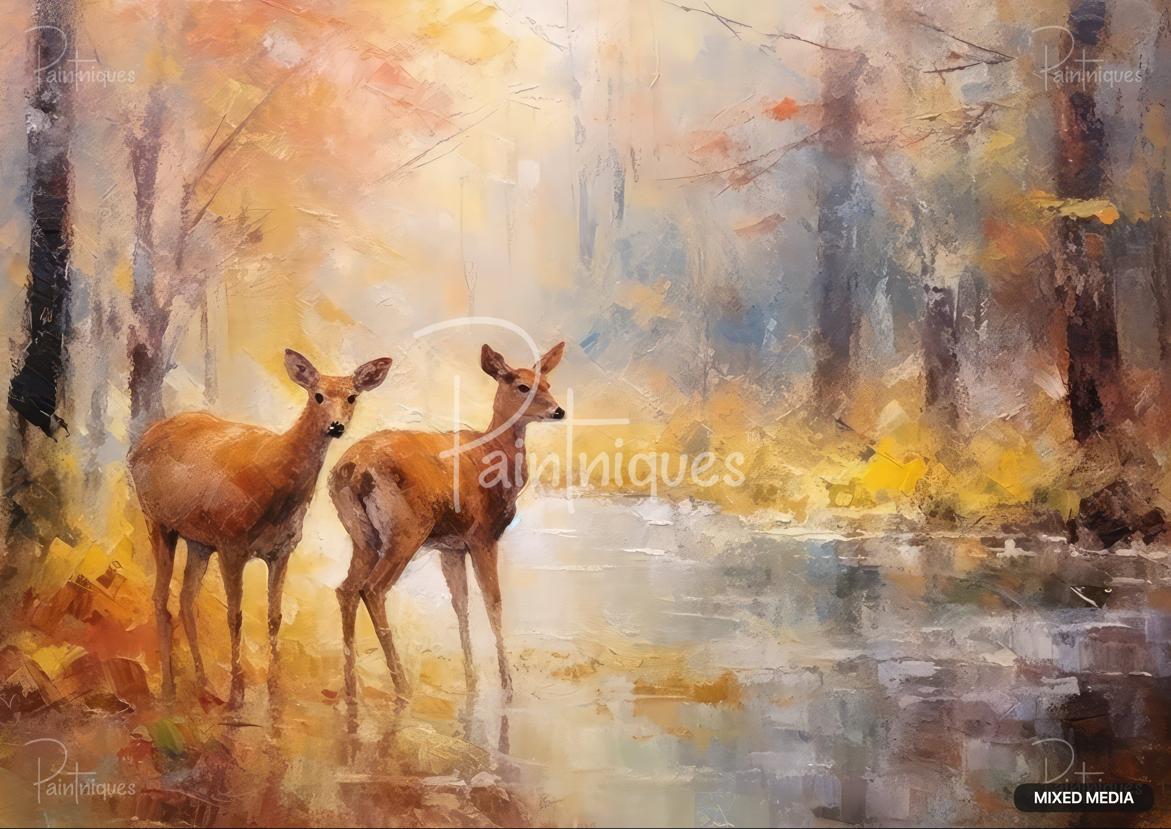 Two deer in a misty, impressionistic forest with fall colors, standing in shallow water.