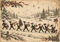 Vintage art of gnomes marching in snow. One plays a drum, one a horn, one carries a tree, another gifts, another a cake, two hold garland, one an ornament, and the last a bell staff with a dog. Snowy pines and a church are in the background.