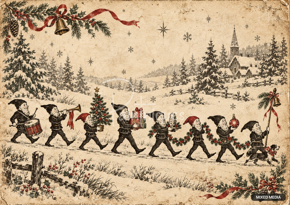 Vintage art of gnomes marching in snow. One plays a drum, one a horn, one carries a tree, another gifts, another a cake, two hold garland, one an ornament, and the last a bell staff with a dog. Snowy pines and a church are in the background.