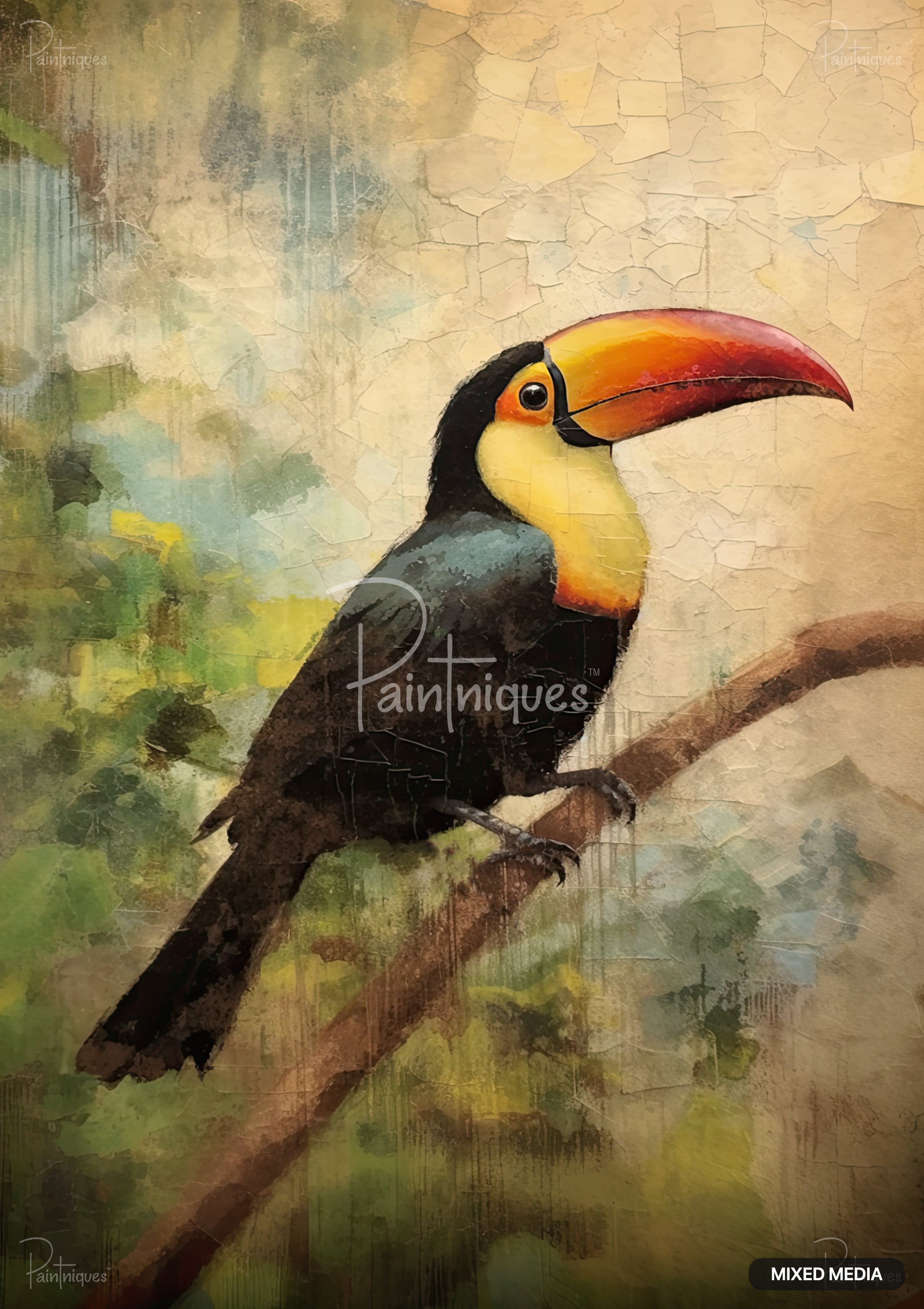 A vibrant toucan with a large orange, yellow, and red beak perches on a branch before an abstract, crackled background.